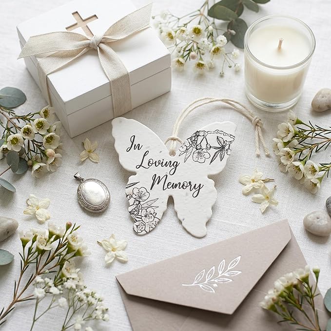 Plantable Memorial Gift Tags with Wildflower Seeds – 48 Pack Black & White Butterfly-Shaped Writable Gift Wrap Tags for Funeral Favors, Sympathy Gifts & Celebration of Life Keepsakes