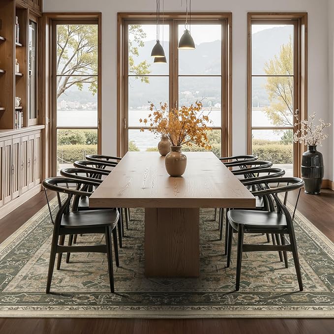 Large Area Rugs 10x12, Living Room Bedroom Carpet Extra Large Size Washable Non Slip, Vintage Distressed Medallio Low Pile Thin Rug for Big Dining Room, Multi Brown/Olive