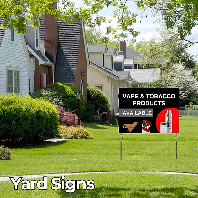Vape & Tobacco Products Available! Yard Sign by DC | 24"x18" Double Sided Conv. Store Garden Sign with 13” Metal Stakes | Outdoor Signs Waterproof for Lawn, Patio, Sidewalk & House | Set of 1