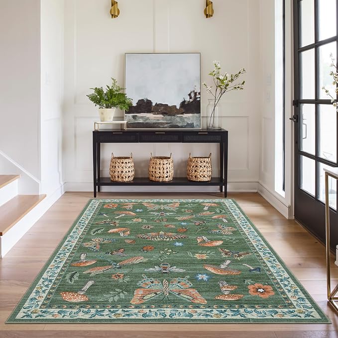 ROYHOME Mushroom Washable Rug 5x7 Area Rugs for Living Room, Insect Print for Bedroom, Non Slip Throw Rugs with Rubber Back, Soft Low Pile Dining Room Carpet for Under Table, Green