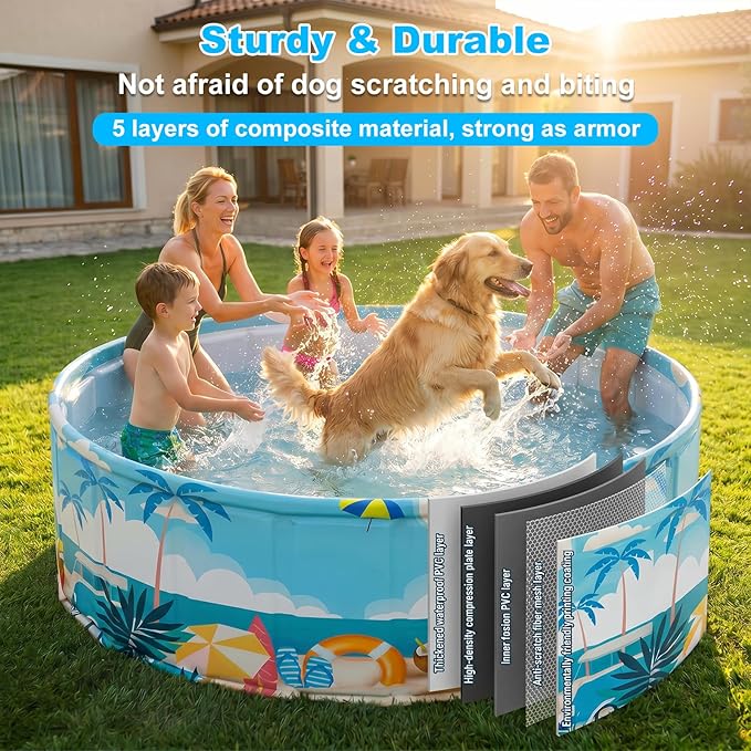 Foldable Kids Pool Hard Plastic Collapsible Deep Kiddie Pool, Small Toddler Pools for Swimming, Backyard Dog Pool (Beach Party 62.9"x17.7")