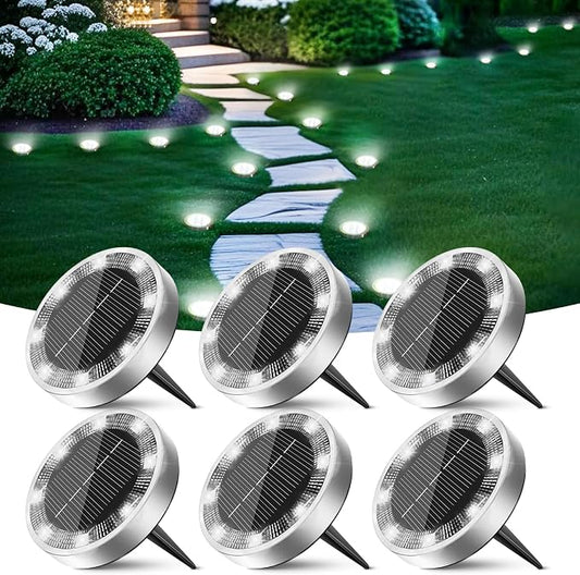 Peasur Solar Ground Lights Outdoor, 6 Pack Flat Solar Powered Disc Lights, IP68 Waterproof, Anti-Rust, Landscape Lighting for Pathway Garden Yard Lawn Walkway Landscape Driveway, Mini, Cool White