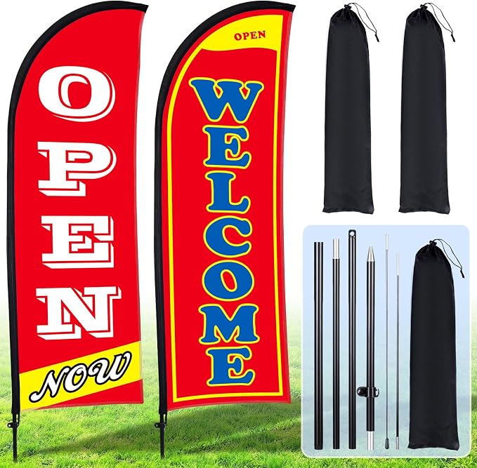 Buryeah 2 Sets Now Open Flag Banner for Business Advertising 7 ft Feather Flag Sign with Flagpole Ground Stake Portable Bag(Red)