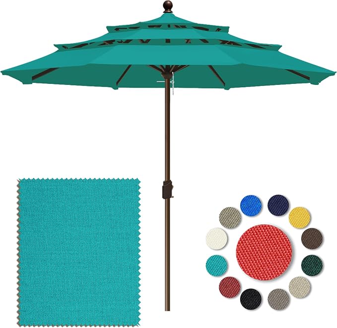Eurmax USA 10-Year-Non-Fading 10FT 3-Tier Outdoor Patio Market Umbrella,UPF50+ UV Resistant,Heavy Duty Commercial Grade,Crank Lift Design,Windproof Vented Top for Garden,Pool,Deck,Teal