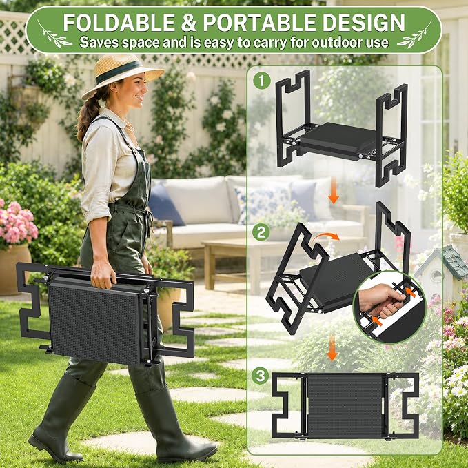 Qatsrin Portable Foldable Garden Kneeler and Seat, Heavy Duty Garden Bench Chair with Wider Thicker Soft Kneeling Pad, Gardening Stool with Tool Bag, Gardening Gifts for Women Seniors Parents, Black