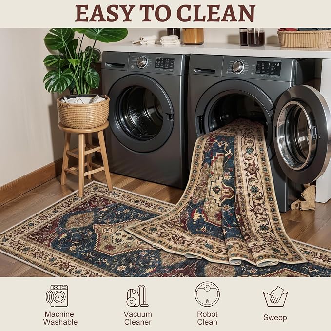 Tangsoo Oriental 2x3 Washable Rugs for Entryway, Non Slip Small Area Rug | Vintage Indoor Front Door Rug, Boho Print Door Mat Carpet, Soft Low Pile Throw Rugs for Entrance Entry Kitchen Bedroom