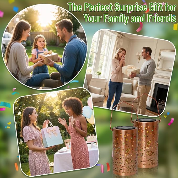 2-Pack Colorful Butterfly Solar Lanterns Outdoor Waterproof, Upgraded Garden Decor Metal Butterfly Hanging Solar Lantern for Outside Patio Tree Table Front Porch Decor, Gifts for Mother Grandma Women