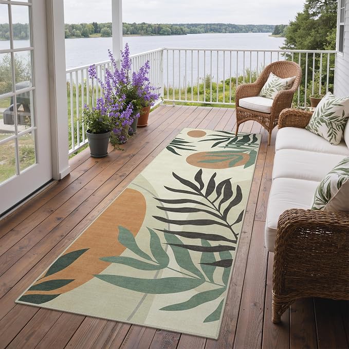 GENIMO Outdoor & Indoor Runner Rug 2.5'x8', Waterproof, Non-Shedding, Easy Cleaning, Leaf Mat for Patio, Living Room, Balcony, Dining Room, RV, Deck, Bedroom, Camping, Outside Carpet, Beige Grey