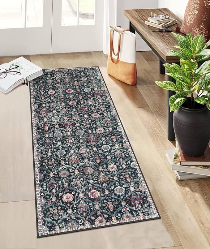 Lahome Moroccan Kitchen Runner, 2x5 Rug Runners for Hallways Non Slip | Laundry Room Rug Trellis Ultra-Thin Washable Vintage Carpet for Bedroom Bathroom Elise, Black/Multi