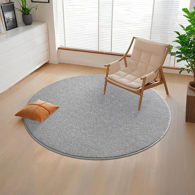4' Grey Round Area Rug Modern Solid | Washable Memory Foam, Low Pile Non Slip Indoor Carpet for Living Room Bedroom Office Classroom College Dorm Room Home Decor