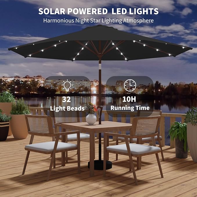 Kingdura 9FT Outdoor Patio Umbrella with Solar Lights, Market Table Umbrella with Push Button Tilt & Crank, 8 Sturdy Ribs, 32 LED Lights, UV Protection for Garden Lawn Deck Backyard Pool (Black)