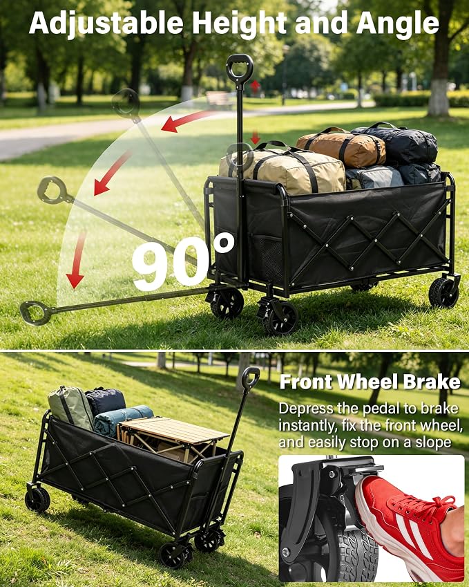 Collapsible Wagons Carts Foldable Wagon, 500LBS Wagon Cart Foldable Heavy Duty with Brakes & All-Terrain Wheels, Large Collapsible Folding Wagons for Beach Camp Sports Grocery, Portable (Black)