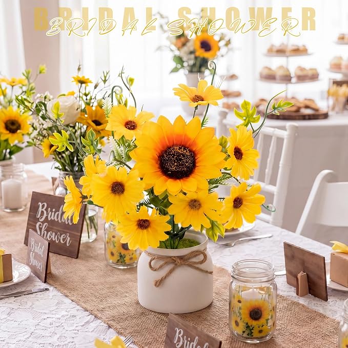 Zeyune 12 Pcs Sunflower Potted Plants Rustic Summer Spring Kitchen Wedding Table Centerpieces Silk Yellow Fake Flower with Plastic Pot for Home Bathroom Office (White,Daisy)