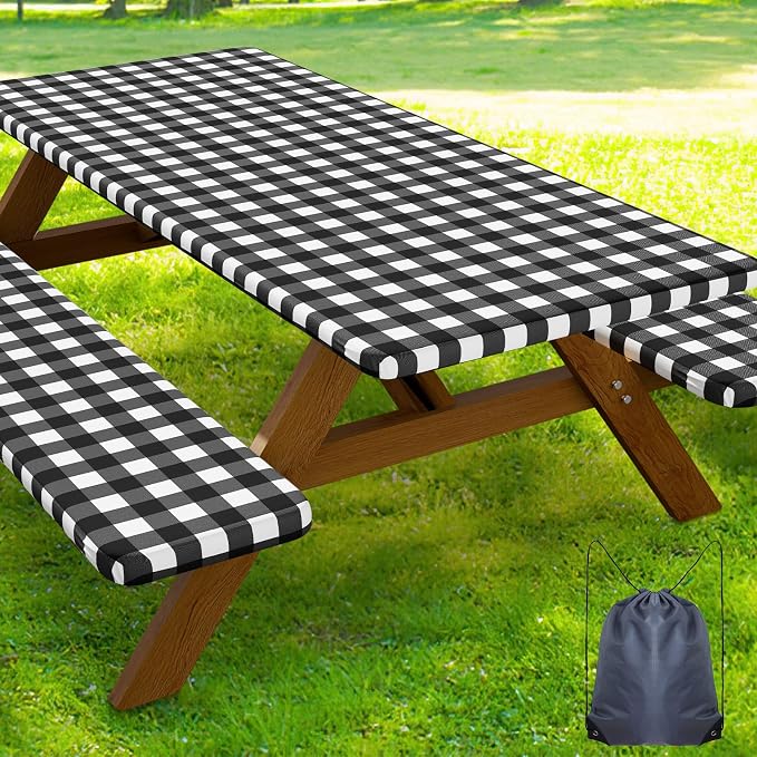 Smiry Picnic Table Cover with Bench Covers, Waterproof Elastic Fitted Tablecloths for 24x48 Rectangle Tables, Washable Buffalo Plaid Tablecloth for Camping, Outdoor (Black & White, 24" x 48")