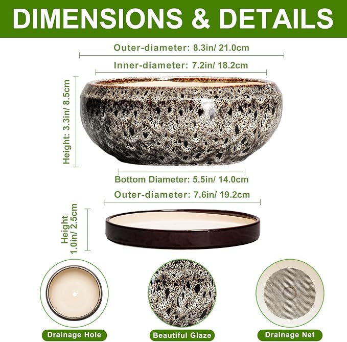 Bonsai Pots - 8 Inch Ceramic Pots for Plants with Drainage Hole and Saucer, Round Succulent Pot, Bonsai Planters Indoor Outdoor, Shallow Planter Bowl, Patio Decor, Gardening Gift, White