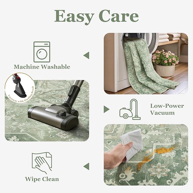 Sage Green 5x7 Area Rugs for Living Room, Cozy Cottagecore Rug for Bedroom Nursery Washable Non Slip, Soft Green Medallion Low Pile Thin Carpet Rugs for Dining Room/Kitchen/Foyer, Soft Green