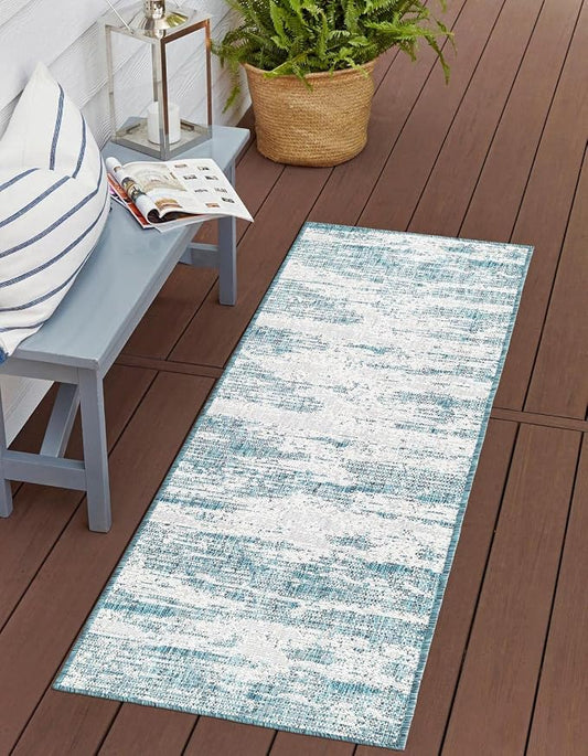 Unique Loom Outdoor Modern Collection Area Rug - Cartago (2' x 6' 1" Runner, Teal/ Ivory)