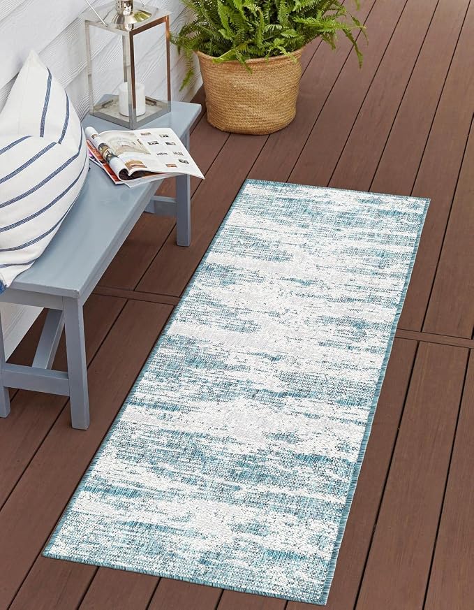 Unique Loom Outdoor Modern Collection Area Rug - Cartago (2' x 7' 10" Runner, Teal/ Ivory)