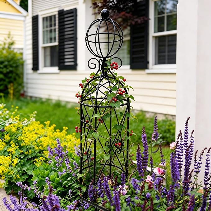 2-Pack Metal Garden Obelisk Trellis, 28" Geometric Sphere Plant Support | Tool-free assembly; fits 9–12in planters, metal obelisk for roses clematis mandevilla vines, 2-pack black outdoor décor
