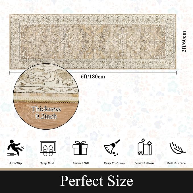 U'Artlines 2' x 6' Boho Hallway Runner Rug Non Slip Runners,Cream Tan | Washable, Vintage Farmhouse Kitchen Rug Accent Area Carpet for Entryway Laundry and Living Room