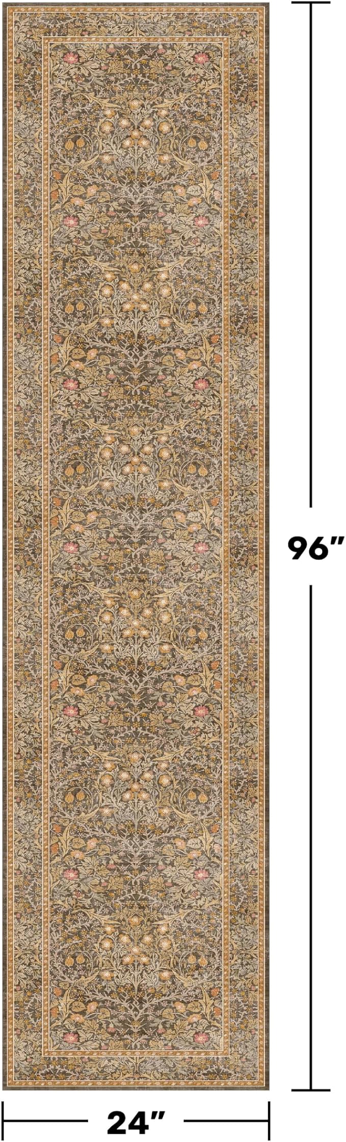 Non Slip 2x8 Gold Brown Long Runner Rug, Washable Runner Rug for Hallway, Bathroom, Entryway Rug, Stain Resistant Kitchen Floor Mat - Vintage Floral Indoor Décor, Low Pile Soft Carpet