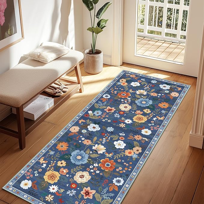 Floral Washable 2x6 Area Rugs Runner Entryway Hallway Blue/Grey | Flower Carpet, Print, Boho, Non-Slip, Easy to Clean, Low Pile, Soft, for Living Room Bedroom Kitchen Office Entrance