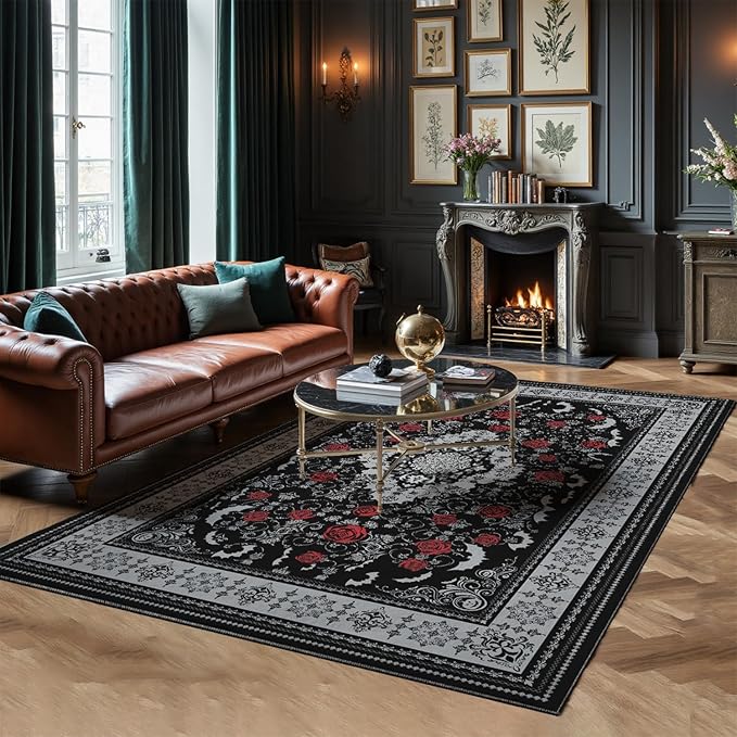 Nayoroom Dark Academia Gothic Black Area Rug, Machine Washable, 8 x 10 ft | Dark academia gothic style; Soft, non-shedding surface; Easy Clean; Non-slip backing; Living, dining or bedroom