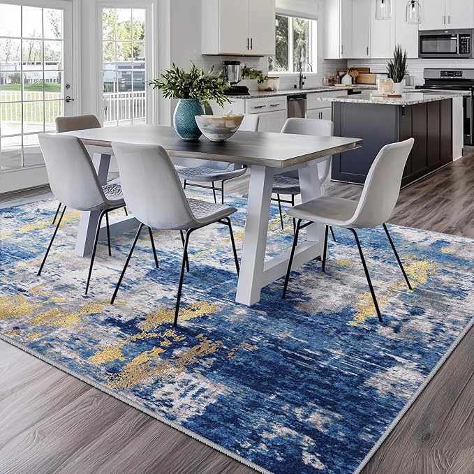 RELEANY Washable Square 9'x9' Area Rug for Living Room Blue Gold | Carpet for Bedroom, Kitchen, Office, Hallway and Entryway, Printed Pattern, Non‑Slip, Soft, Stain‑Resistant, Easy to Clean