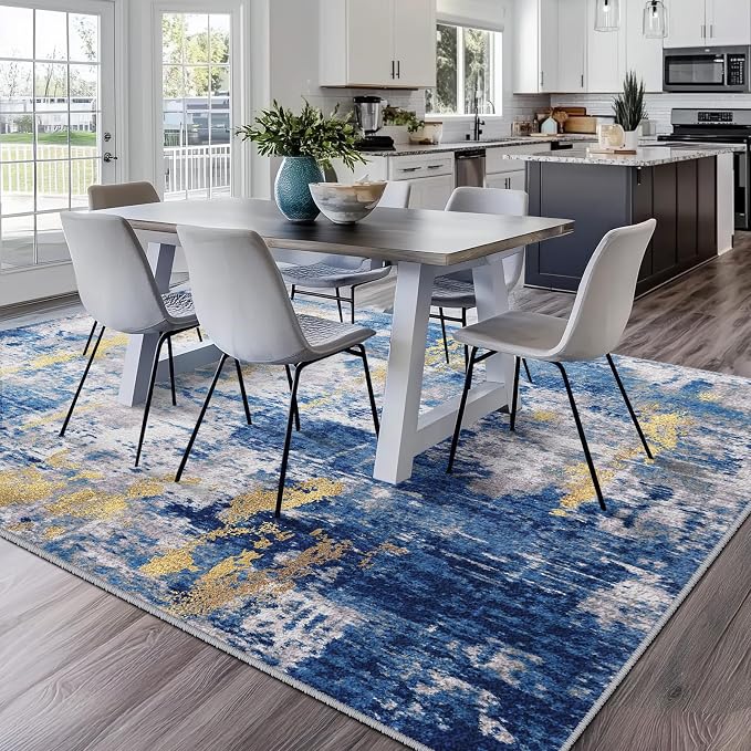 RELEANY Washable 6'x9' Abstract Area Rug for Living Room Blue Gold | Carpet for Bedroom, Kitchen, Office, Hallway and Entryway, Printed Pattern, Non‑Slip, Soft, Stain‑Resistant, Easy to Clean