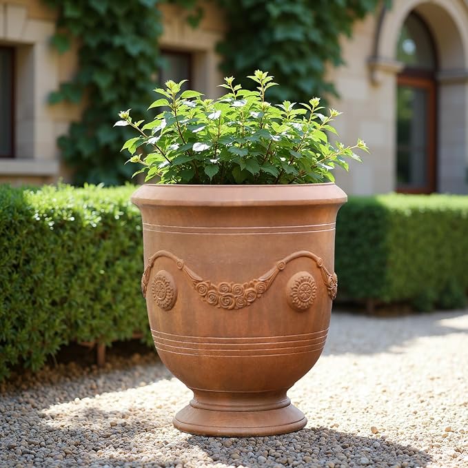 Worth Garden Large Urn Planter - 14" Dia x 16.5" H Lightweight Magnesium Oxide Plant Pot with Cement Texture - Rust-Like Finish Concrete Urn Planter with Drainage Hole for Indoor & Outdoor Decor