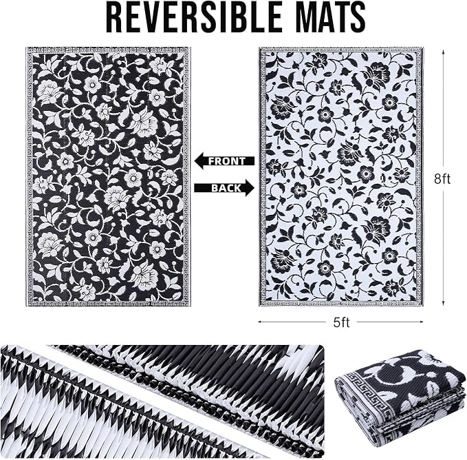 OLANLY Waterproof Outdoor Rug 5x8 ft, Outdoor Plastic Straw Rug with Flower Pattern, Reversible RV Mat for Patio, Camping, Balcony, Deck, Backyard, Black & White