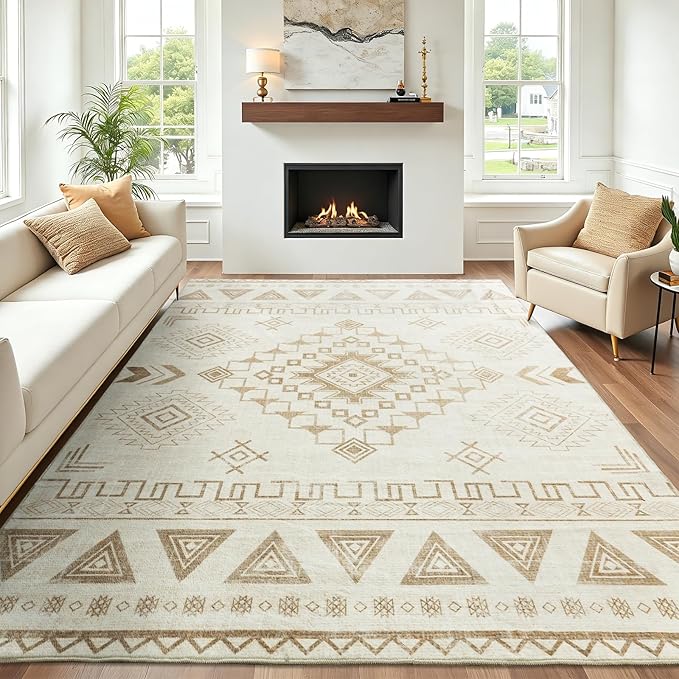 5x7 Western Rustic Aztec Area Rug for Living Room Bedroom Dining Room | 5x7 Southwestern Tribal Warm Beige Low Pile Faux Wool Rug, Machine Washable Non-Slip Carpet for Living Room Dining Bedroom