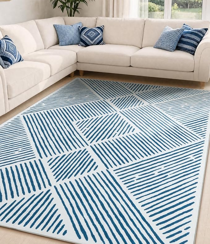 5‘x7' Washable Blue and White Rug, Modern Area Rug for Living Room | Non-Slip, Low Pile, Stain Resistant, Navy Blue Geometric Stripe Rug for Bedroom Dining Room