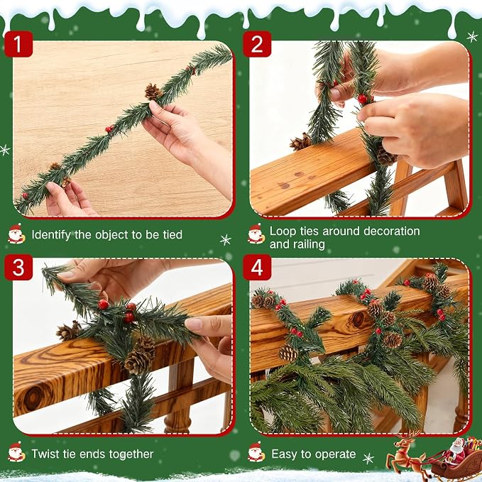 Zhengmy 30 Pcs 20 Inch Christmas Garland Ties with Pinecone & Red Berries, Decorative Twist Tie for Banister Flexible Pine Stems for Christmas Stairs Railing Banister Decor DIY Craft Gift Wrapping