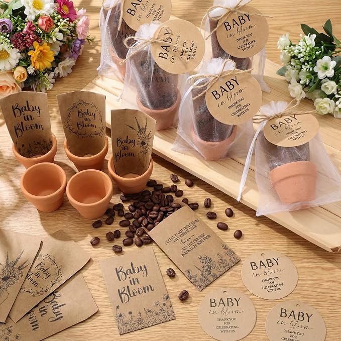 Reallnaive Baby Shower Party Favors Baby in Bloom Envelopes Seed Packets Include 48 Mini Terracotta Pots Seed Packets 48 Self Adhesive Envelopes Thank You Tags for Party(48 Pcs, Ceramic)
