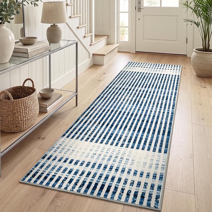 Washable 2x6 Modern Striped Area Rug, Abstract Runner for Hallway,Kitchen | Beige Blue, Soft Low Pile, Skin Friendly, Non-Slip for High Traffic, Laundry Vintage Coastal Nautical Style Home Decor