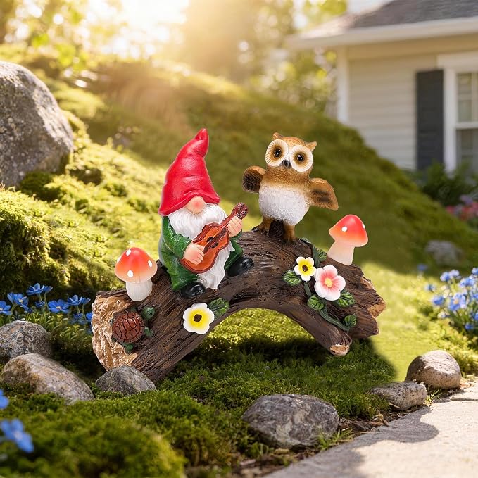 Solar Garden Statues Owl Gnomes Outdoor Decor Resin Owl Figurine with Mushroom Lights for Patio Lawn Yard Decorations Christmas Birthday Housewarming Gardening Gifts for Women Mom