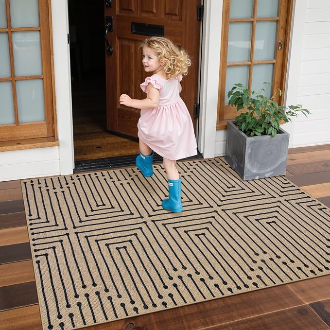 Lahome Boho 3x5 Outdoor Rugs for Entry, Washable Easy Jute Rug | Maze Lines Modern Throw Rug Non Slip Stain Resistant Door Mat for Front Porch Balcony