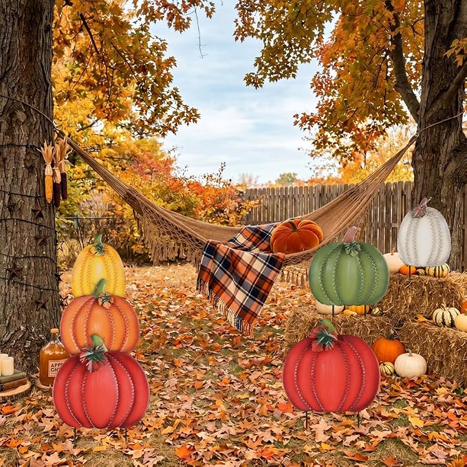 PHITRIC Fall Decorations Outdoor, 34" 2PCS Decorative Garden Stakes with 6 Pumpkins for Fall Decor, Metal Yard Signs for Home Outside Garden Yard Lawn Patio, Thanksgiving Decorations