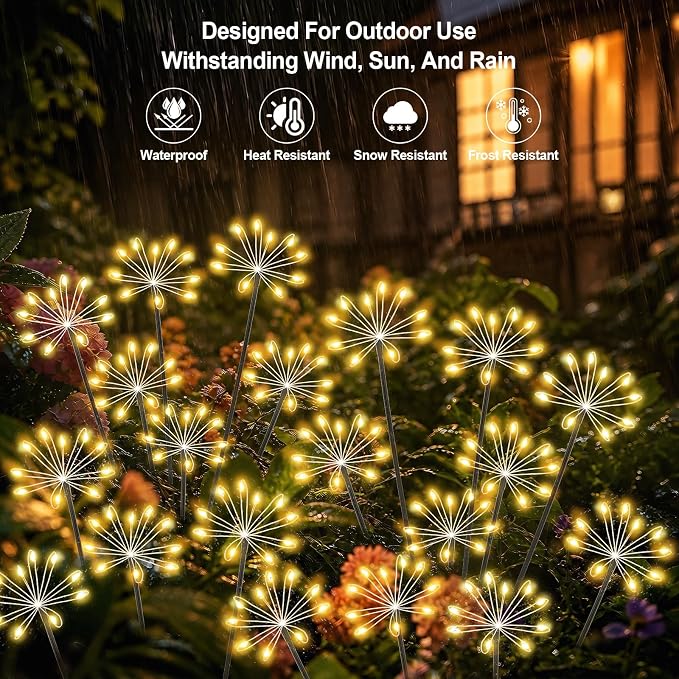 Solar Garden Lights Outdoor, Upgraded Solar Swaying Starburst Light Waterproof with 2 Modes, Solar Fairy Firework Lights for Yard Patio Pathway Flowerbed Balcony Garden Decoration (Warm White, 2 Pack)