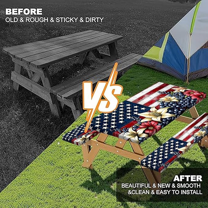 American Flag Fitted Picnic Table Cover with Bench Covers Waterproof Elastic Edges Rectangle Patio Tablecloth Outdoor Camping Rv Accessories Summer Trip Travel Supplies Party Camper Gifts, 8 ft