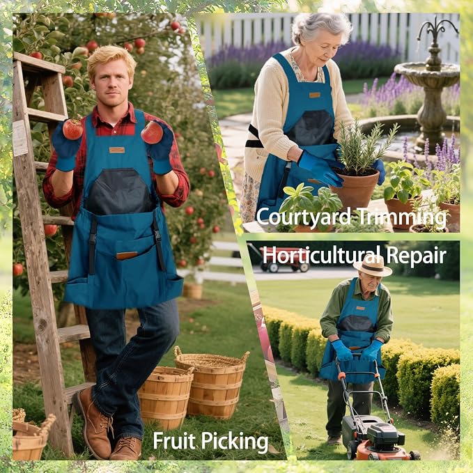 Waterproof Gardening Apron for Women Men, Adjustable Cross Back Garden Apron with Pockets, Oxford Cloth Harvest Apron for Gardening Planting
