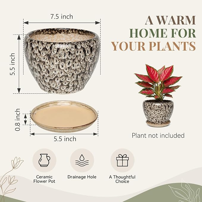 7.5 Inch Ceramic Plant Pot with Drainage Hole Mesh Net,Modern Gardening Pots for Indoor Plants with Saucer, Speckle White