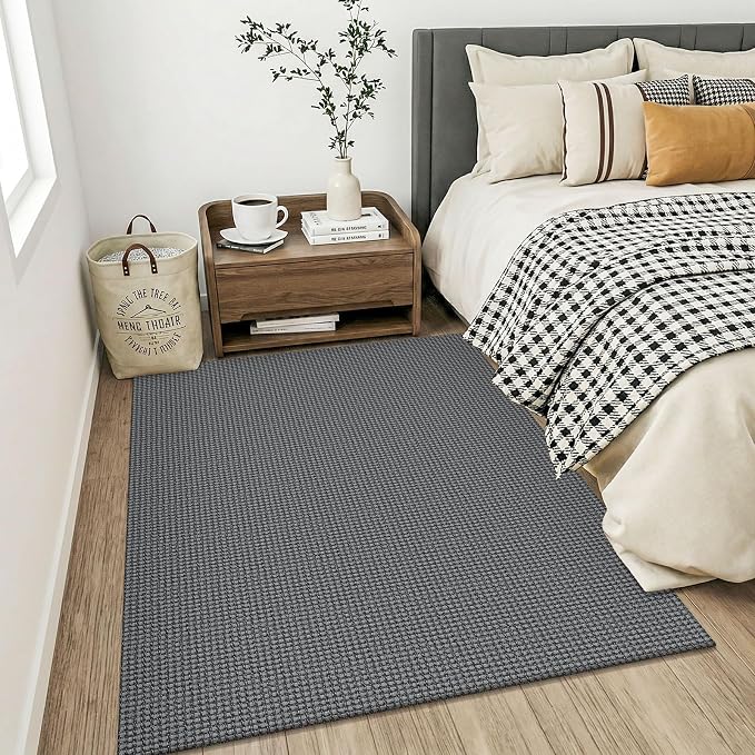 KOZYFLY Washable 4x5 Entry Woven Area Rug, Braided Throw Rugs for Entryway, Non Slip Door Mat Indoor Entrance, Flatweave Carpet for Foyer, Bedroom, Dining, Office, Grey/Dark Grey