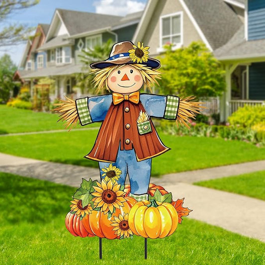 JarThenaAMCS 33" H Fall Scarecrow Metal Garden Stakes Rustic Pumpkin Pile Scarecrow Decorative Lawn Sign for Autumn Thanksgiving Home Outside Lawn Porch Decor