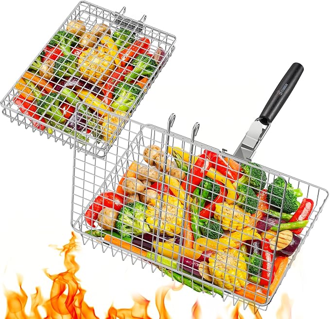 Nesting Grill Baskets, 2PCS Grilling Baskets for Outdoor with Removable Handle, Stainless Steel BBQ Camping Cooking Accessories Tools for Meat Steak Fish Vegetable Shrimp, Gifts for Men Dad Husband