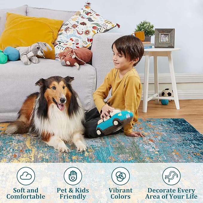 ROYHOME 5x7 Modern Abstract Faux Wool Area Rugs, Multi Color | Ultra-Soft Low Pile Accent Rug Stain Resistant Carpet Machine Washable for Bedroom with Non Slip Backing