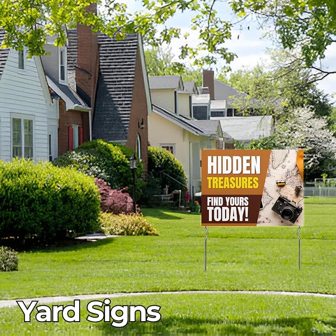 Hidden Treasures - Find Yours Todday! Yard Sign by DC | 24"x18" Double Sided Conv. Store Garden Sign with 13” Metal Stakes | Outdoor Signs Waterproof for Lawn, Patio, Sidewalk & House | Set of 3