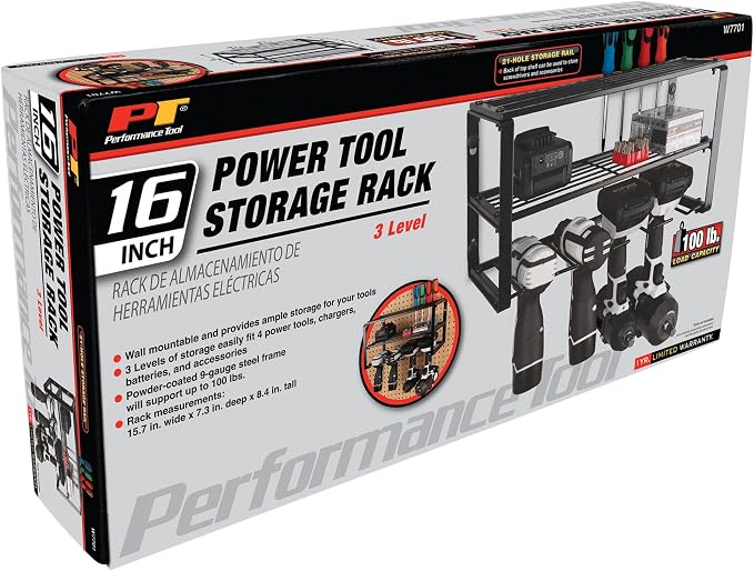 Performance Tool W7701 Power Tool Organizer Wall Mount - Hand Tool Storage Racks, Utility Racks, Drill Holder & More - 3 Tier Sturdy Iron 16" Cordless Tool Organizers