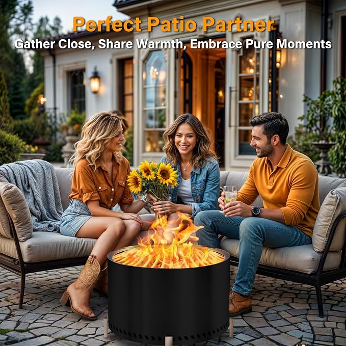 HGD 27.5" Smokeless Firepit with Stand, Large Stainless Steel Wood Burning Fire Pit for Friends & Family Gatherings, Secondary Combustion Outdoor Patio Stove for Garden BBQ & Bonfire (Black)